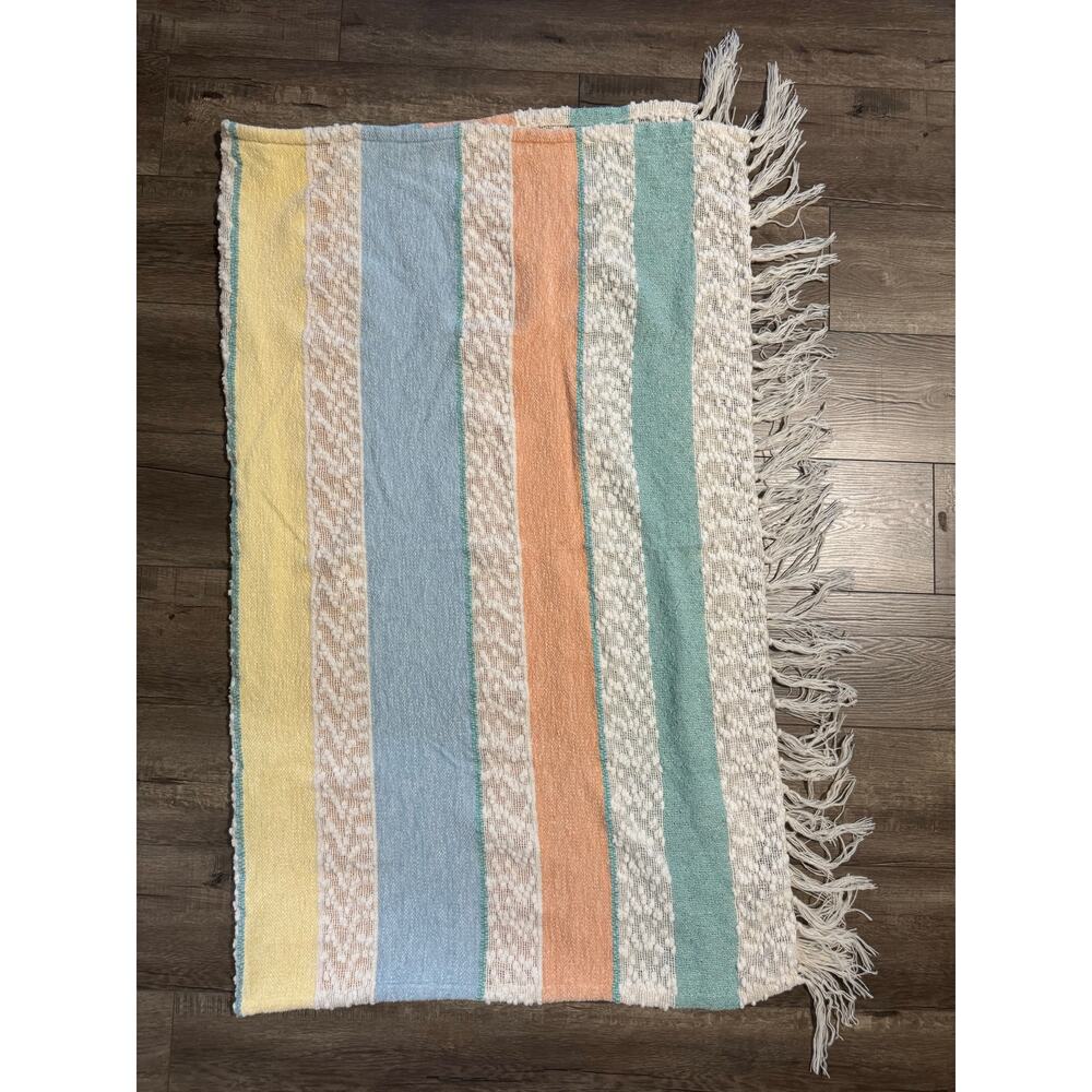 Shabby Chic Striped Chenille Knit Throw Blanket Tassels Fringe‎ 52 x 60